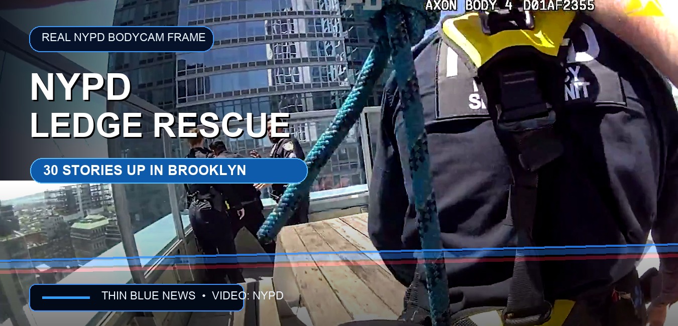 NYPD bodycam frame with title overlay for ThinBlueNews article about officers rescuing a woman from a Brooklyn high-rise ledge.