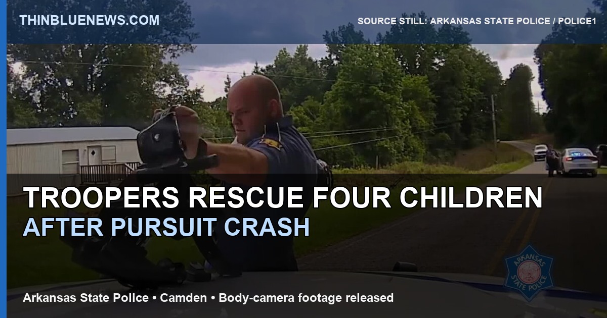 Arkansas State Police body-camera still via Police1 showing a trooper during the pursuit/rescue response; no children or victims are visible, with ThinBlueNews headline overlay.