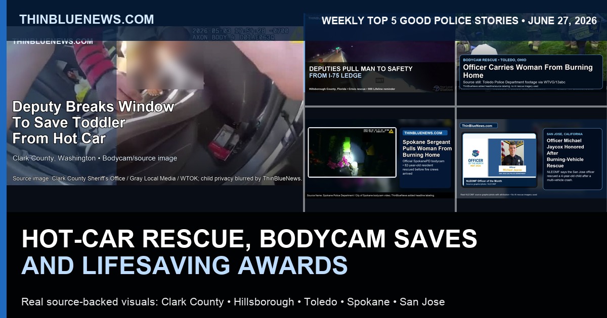 ThinBlueNews weekly Top 5 Good Police Stories collage using real source-backed images from Clark County, Hillsborough County, Toledo, Spokane and San Jose stories.