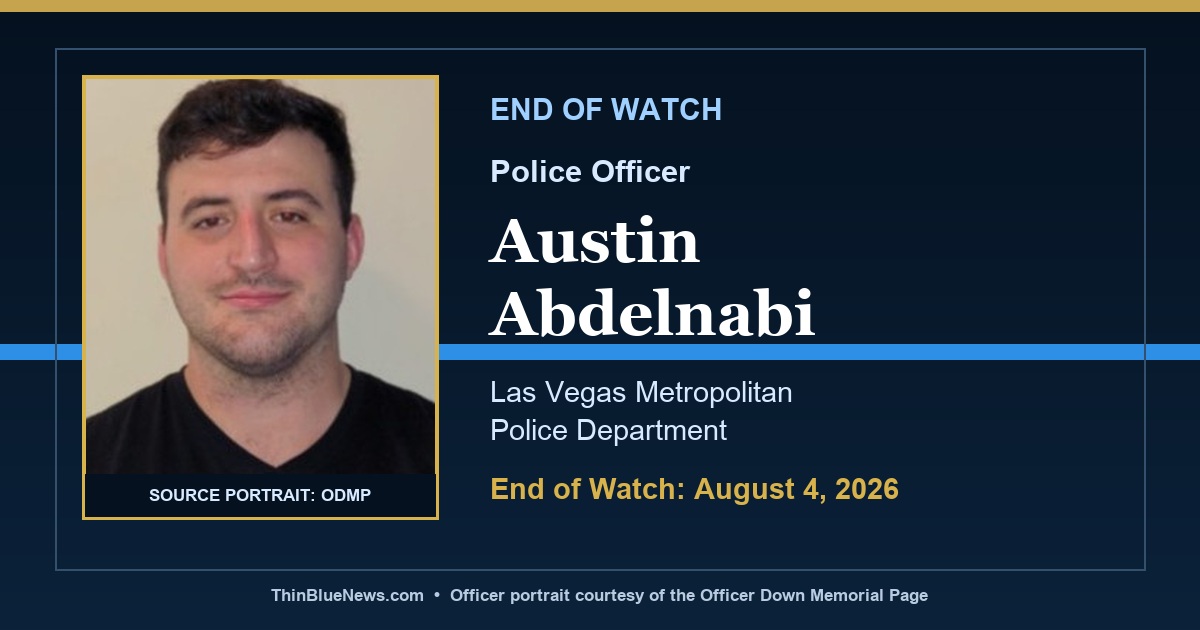 Memorial card for Las Vegas Police Officer Austin Abdelnabi using his ODMP portrait with visible source attribution