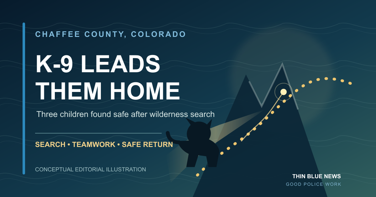 Conceptual editorial illustration of a K-9 search path through Colorado mountain terrain with the words K-9 Leads Them Home
