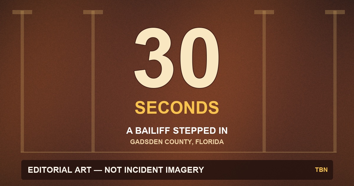 Bespoke editorial artwork with a large 30 Seconds focal point and the words A Bailiff Stepped In, clearly labeled as not incident imagery.